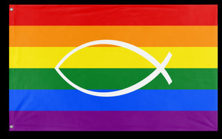 A mockup of the custom flag 'Jesus Fish Pride Flag' on a white background