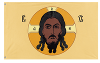 A mockup of the custom flag 'Holy Face of Christ Flag - Yellow flag' on a white background