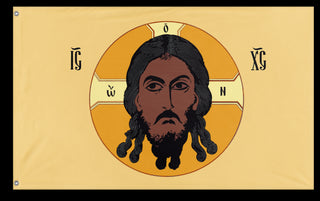 A mockup of the custom flag 'Holy Face of Christ Flag - Yellow flag' on a white background