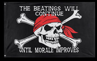 A mockup of the custom flag 'The Beatings Will Continue Until Morale Improves Flag' on a white background
