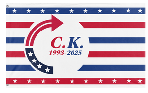 A mockup of the custom flag 'Turning Point Charlie Kirk flag' on a white background