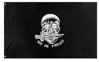 A mockup of the custom flag 'ME NE FREGO flag' on a white background