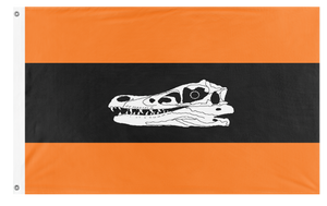 A mockup of the custom flag 'Orange Raptor flag' on a white background