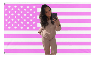 A mockup of the custom flag 'Raquel flag' on a white background