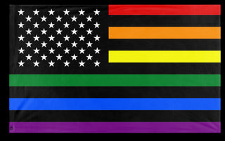 A mockup of the custom flag 'US Rainbow Pride Flag' on a white background