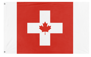 A mockup of the custom flag 'Mapleswiss flag' on a white background