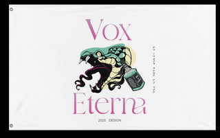 A mockup of the custom flag 'Vox flag' on a white background