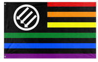 A mockup of the custom flag 'American Iron Front Pride flag' on a white background