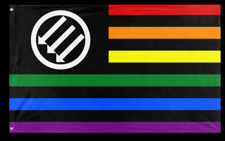 A mockup of the custom flag 'American Iron Front Pride flag' on a white background