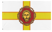 A mockup of the custom flag 'Saint-Moundicus flag' on a white background