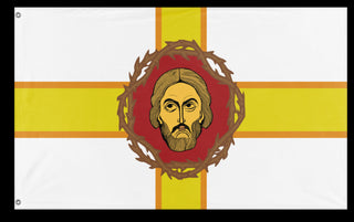 A mockup of the custom flag 'Saint-Moundicus flag' on a white background