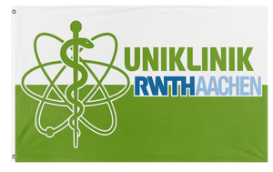 A mockup of the custom flag 'RWTHStrahlentherapie flag' on a white background