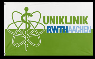 A mockup of the custom flag 'RWTHStrahlentherapie flag' on a white background