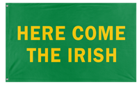 A mockup of the custom flag 'Here Come the Irish flag' on a white background