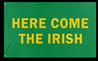 A mockup of the custom flag 'Here Come the Irish flag' on a white background