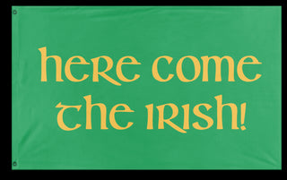 A mockup of the custom flag 'Here Come The Irish flag' on a white background