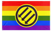 A mockup of the custom flag 'Iron Front Pride flag' on a white background