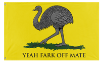 A mockup of the custom flag 'Australian Ostrich Gadsden flag' on a white background