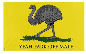 A mockup of the custom flag 'Australian Ostrich Gadsden flag' on a white background