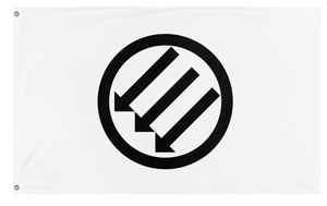A mockup of the custom flag 'Black and White Iron Front flag' on a white background