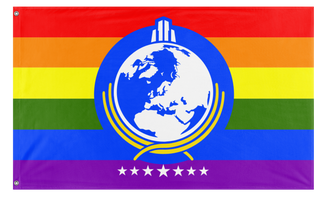 A mockup of the custom flag 'Super Gay Super Earth flag' on a white background