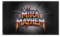 A mockup of the custom flag 'MiraMayhem flag' on a white background