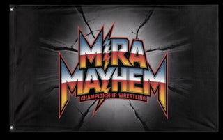 A mockup of the custom flag 'MiraMayhem flag' on a white background