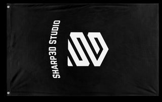 A mockup of the custom flag 'Sharp3d flag' on a white background