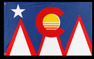 A mockup of the custom flag 'Colorado Pueblo city flag redesign' on a white background