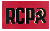A mockup of the custom flag 'RCP Black on Tan flag' on a white background