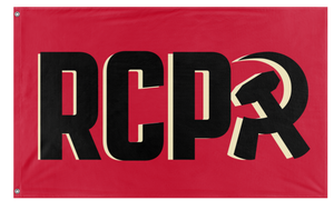 A mockup of the custom flag 'RCP Black on Tan flag' on a white background
