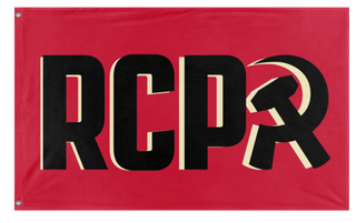A mockup of the custom flag 'RCP Black on Tan flag' on a white background