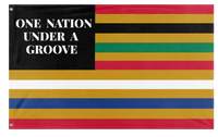 A mockup of the custom flag '1 Nation Under A Groove flag' on a white background