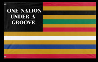 A mockup of the custom flag '1 Nation Under A Groove flag' on a white background