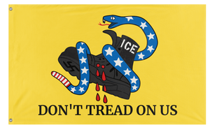 A mockup of the custom flag 'Anti-ICE Gadsden flag' on a white background