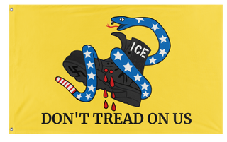 A mockup of the custom flag 'Anti-ICE Gadsden flag' on a white background