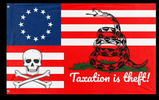 A mockup of the custom flag 'Taxation is Thief  flag' on a white background