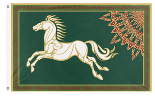 A mockup of the custom flag 'Rohan Flag' on a white background