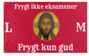 A mockup of the custom flag 'Ekssamens flag' on a white background