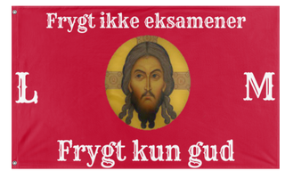 A mockup of the custom flag 'Ekssamens flag' on a white background