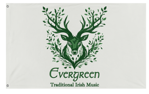 A mockup of the custom flag 'Evergreen Music flag' on a white background