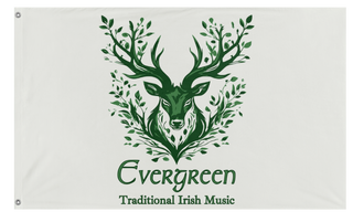 A mockup of the custom flag 'Evergreen Music flag' on a white background