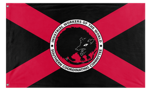 A mockup of the custom flag 'Syndicalist Florida Possum flag' on a white background