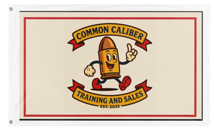 A mockup of the custom flag 'Common Caliber  flag' on a white background