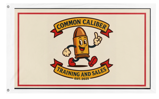 A mockup of the custom flag 'Common Caliber  flag' on a white background
