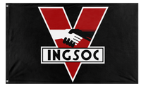 A mockup of the custom flag 'INGSOC DOUBLE SIDED flag' on a white background
