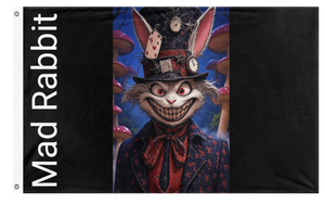 A mockup of the custom flag 'Mad Rabbit flag' on a white background
