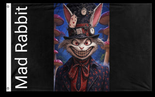 A mockup of the custom flag 'Mad Rabbit flag' on a white background