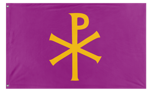 A mockup of the custom flag 'Purple Chi Ro flag' on a white background