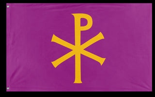 A mockup of the custom flag 'Purple Chi Ro flag' on a white background